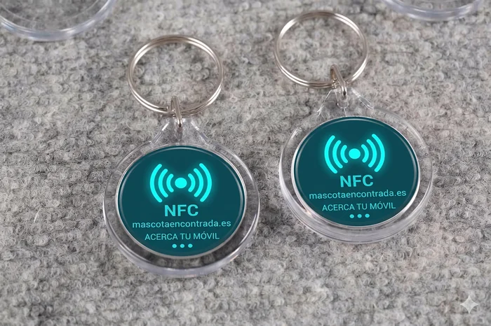 Reverso medalla NFC mascotaencontrada.es símbolo NFC turquesa acerca tu móvil
